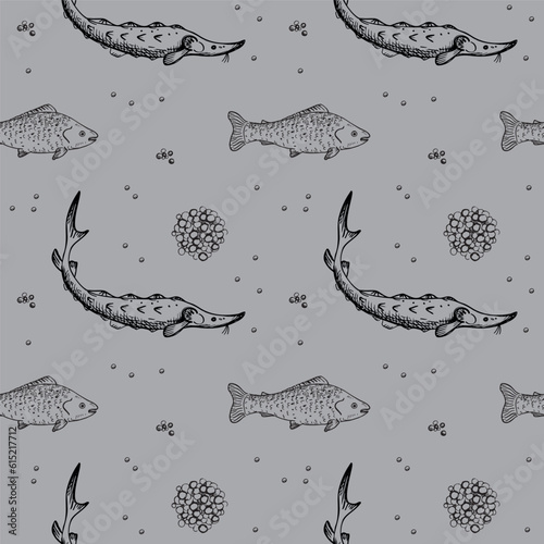 Sturgeon red fish and caviar, seafood seamless repeat pattern. Vector background with eggs and different fish for the template hand drawn design element food illustration
