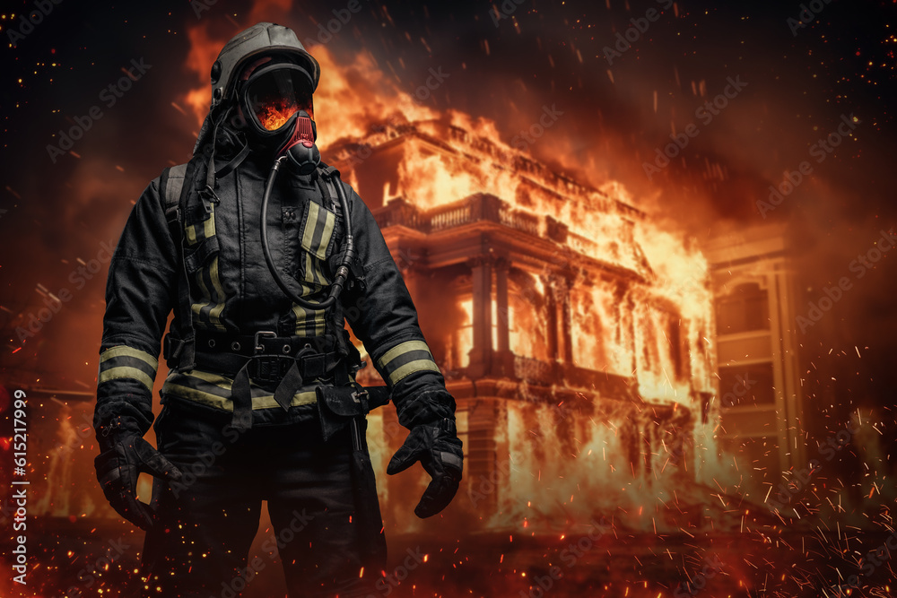 Fototapeta premium A courageous firefighter in protective gear and oxygen mask stands surrounded by flames and sparks in front of a burning building