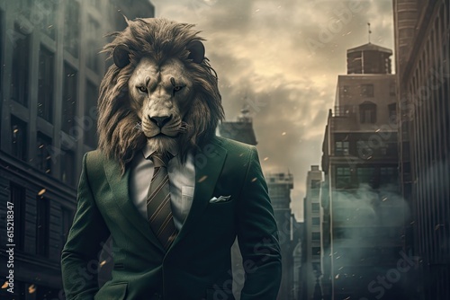 lion businessman in a sharp suit. a victorious business leader, embodying strength, courage, and a keen sense of discernment in navigating the complexities of the corporate world.