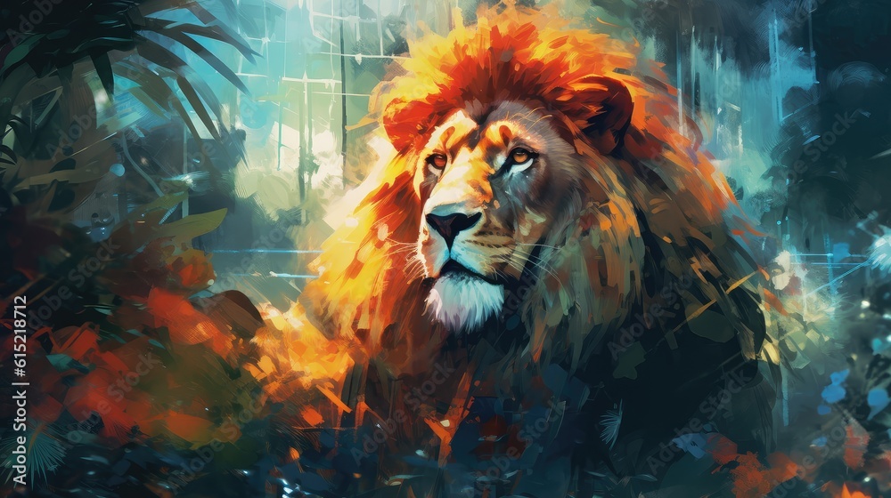 Lion king of the savannah. Intricate brushstrokes and vibrant colors