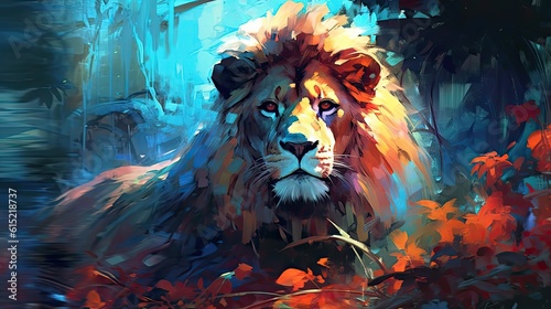 Lion king of the savannah. Intricate brushstrokes and vibrant colors