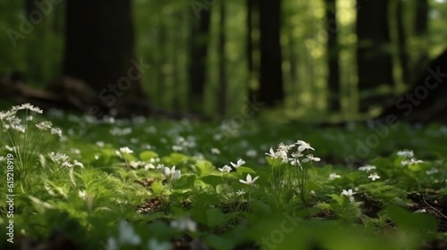 The blossoming of wildflowers in the forest during spring