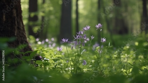 The blossoming of wildflowers in the forest during spring
