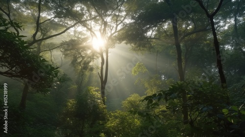 The sun breaking through the forest canopy in the morning