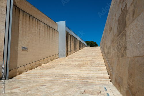 Valletta, Malta, May 4, 2023. Modern marble stairs located near the City Gate called Putirjal, near the Parliament of Malta, designed and built by Renzo Piano