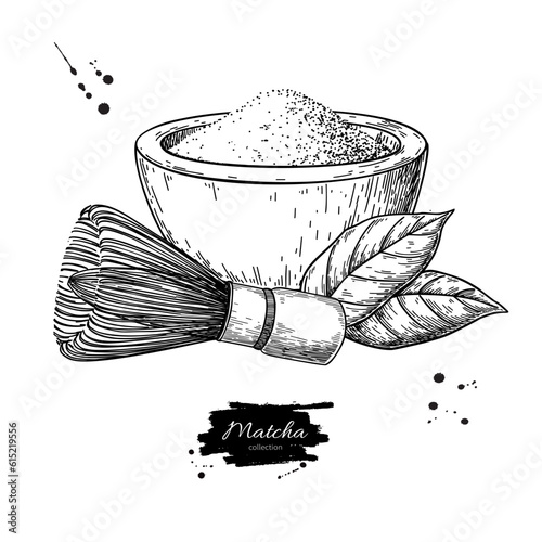 Matcha tea vector drawing. Green tea powder leaves