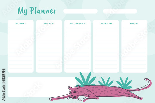 Planner with Leopard Animal in Tropical Foliage Vector Template