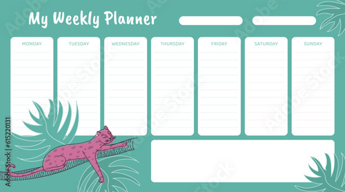 Planner with Leopard Animal in Tropical Foliage Vector Template
