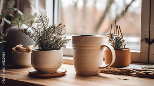 a coffee mug near a window. Generative AI