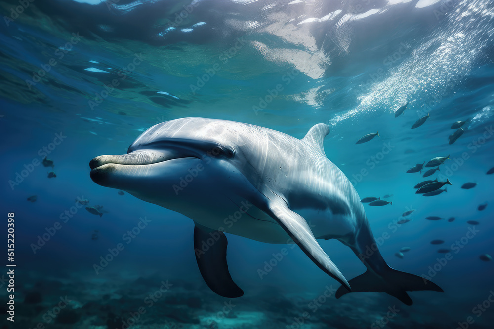 friendly and beautiful dolphin swimming through the oceans, , beautiful background, ocean floor, ai generated.