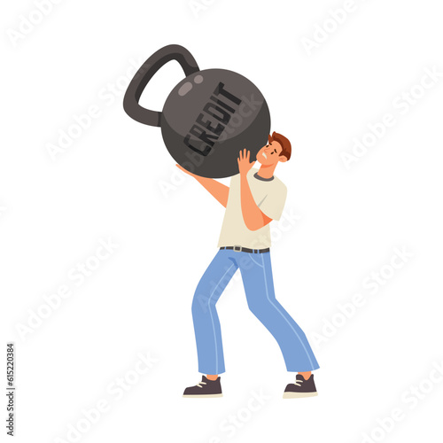 Pressure of Loan with Man Character Lift Heavy Kettlebell Vector Illustration