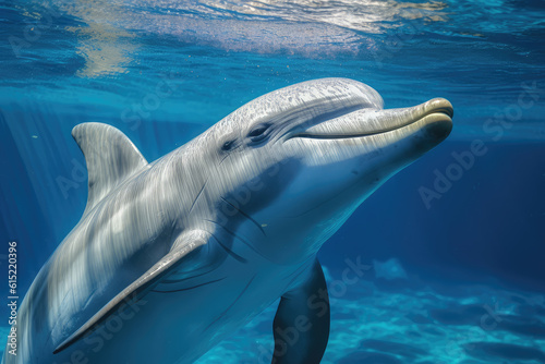 friendly and beautiful dolphin swimming through the oceans    beautiful background  ocean floor  ai generated.