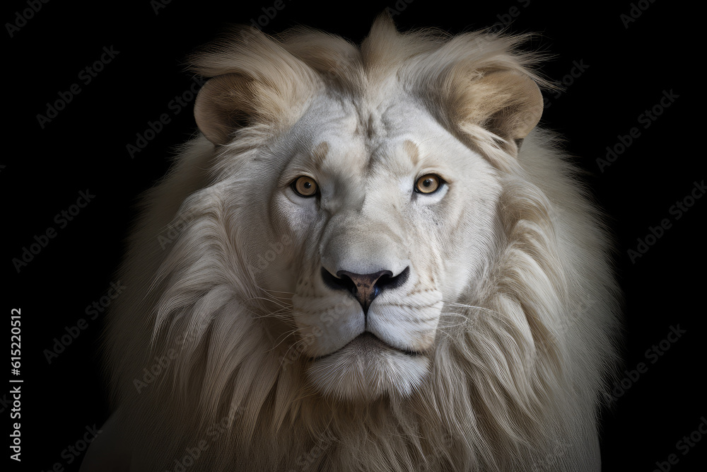 white lion, front view, black background, hyperrealistic photography, ai generated.