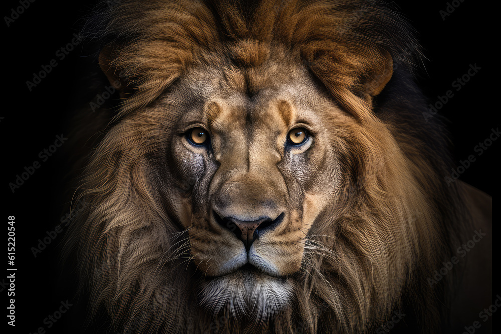 lion, front view, ]black background, hyperrealistic photography, ai generated.