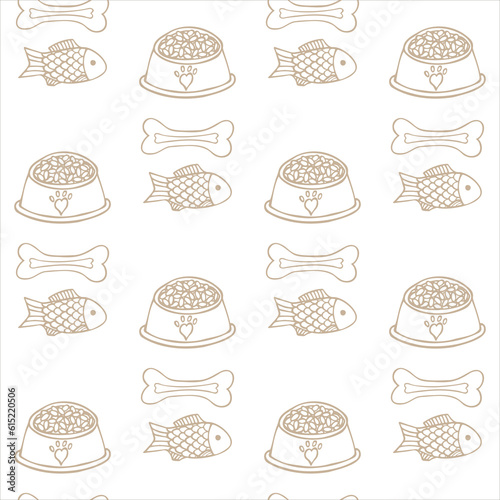 Seamless pattern with dog chew bone, cat fish, food bowl in doodle style. Background with pet toys. Vector illustration.