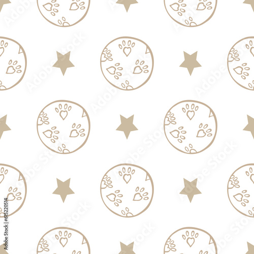 Background with a toy ball for pets and a star on a white background. Seamless pattern with doodles. Vector illustration.