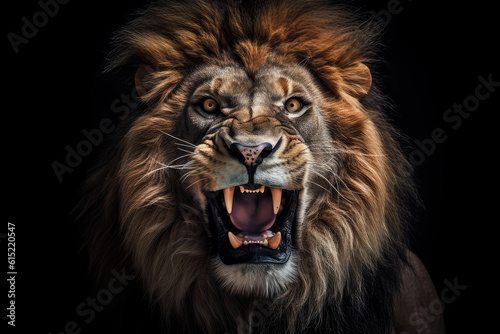 lion, front view, ]black background, hyperrealistic photography, ai generated.
