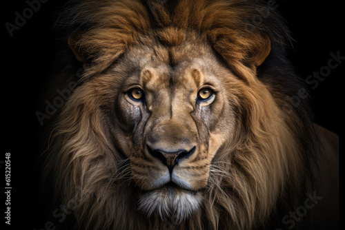 lion  front view   black background  hyperrealistic photography  ai generated.