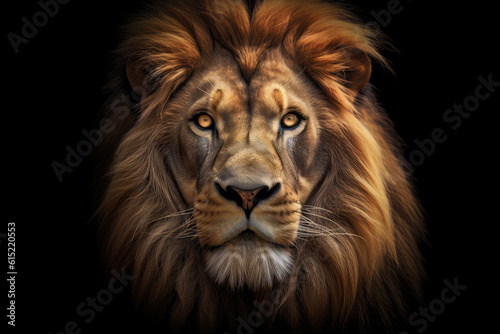 lion  front view   black background  hyperrealistic photography  ai generated.