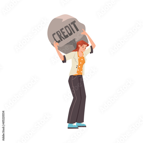 Pressure of Loan with Woman Character Carry Heavy Stone on Her Back Vector Illustration