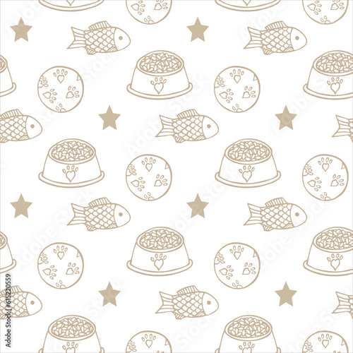 Background with a full bowl of dry food and pet toys. Seamless pattern with items for cats and dogs, hand drawn in doodle style. Vector illustration.