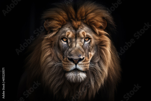 lion, front view, ]black background, hyperrealistic photography, ai generated. © Giovanna