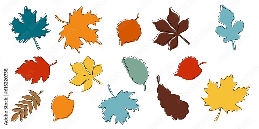 Set of autumn leaves in flat style. Colorful leaves. Vector illustration.