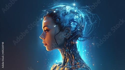 Cyborg girl portrait   artificial intelligence Digital brain . Fantasy concept   Illustration painting.
