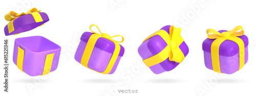 Set of vector 3d gift boxes open and closed with yellow ribbon bow. Flying holiday surprise box. Festive presents. Realistic vector illustration for birthday banners. 3d render isolated on white