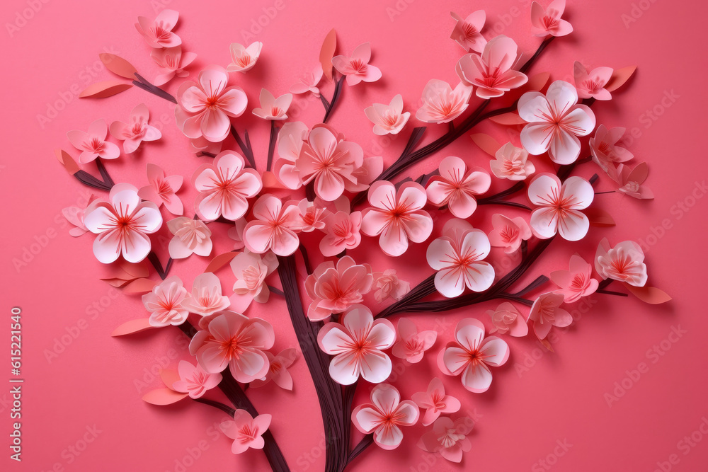 Floral background - blooming pink cherry flowers branch. Origami, paper art style. Generative AI