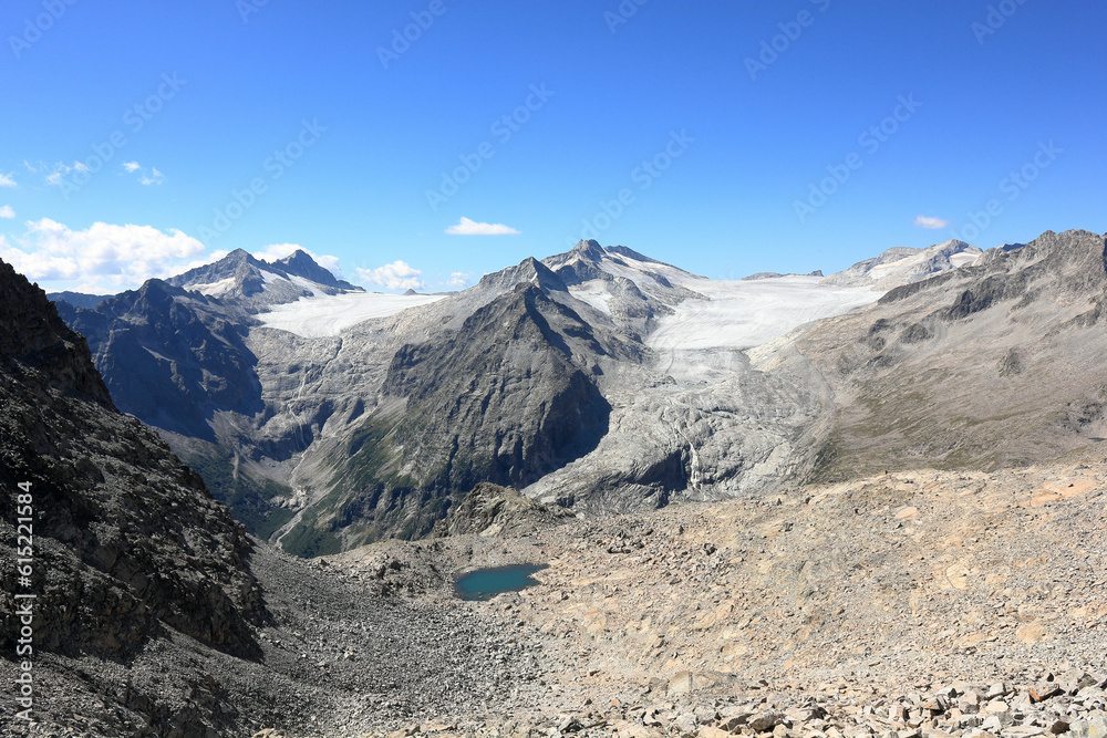 Breathtaking view of Adamello Glacier in the Italian Alps on a sunny day
