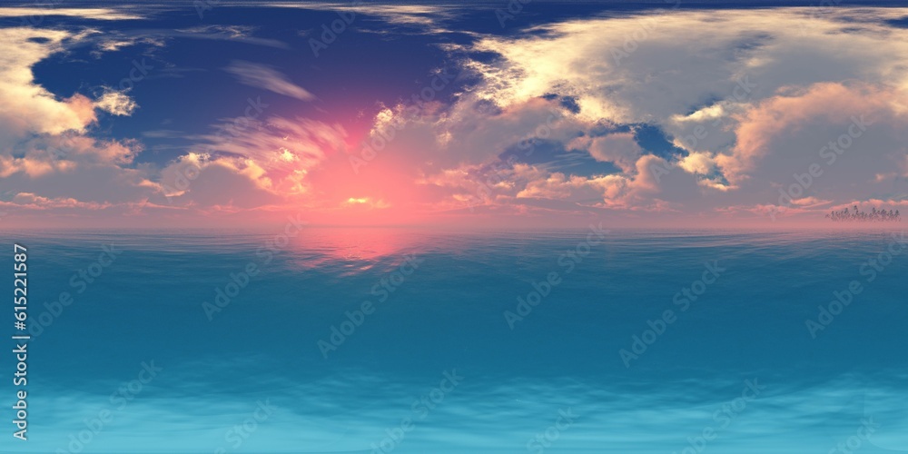 HDRI, high resolution map, environment map, Round panorama, spherical panorama, equidistant projection, sea sunset, panoramic, 3D rendering