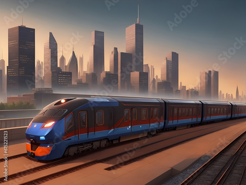 Train moving with city background. AI generated illustration
