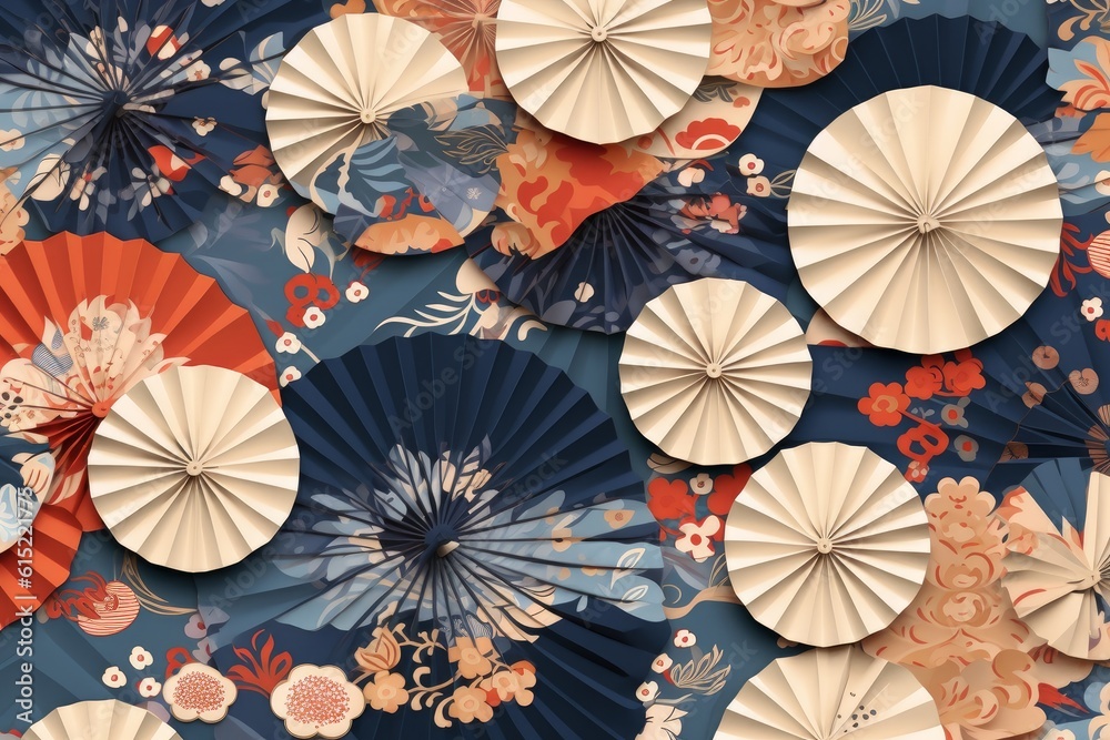 Background with Japanese fans. Origami, paper art style. Generative AI