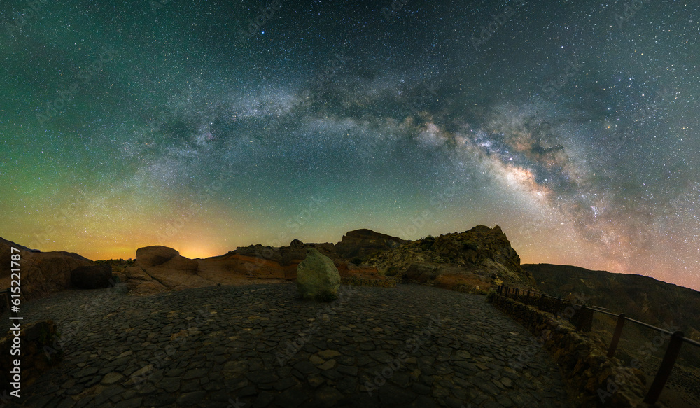 Milky Way panorama above the rocks