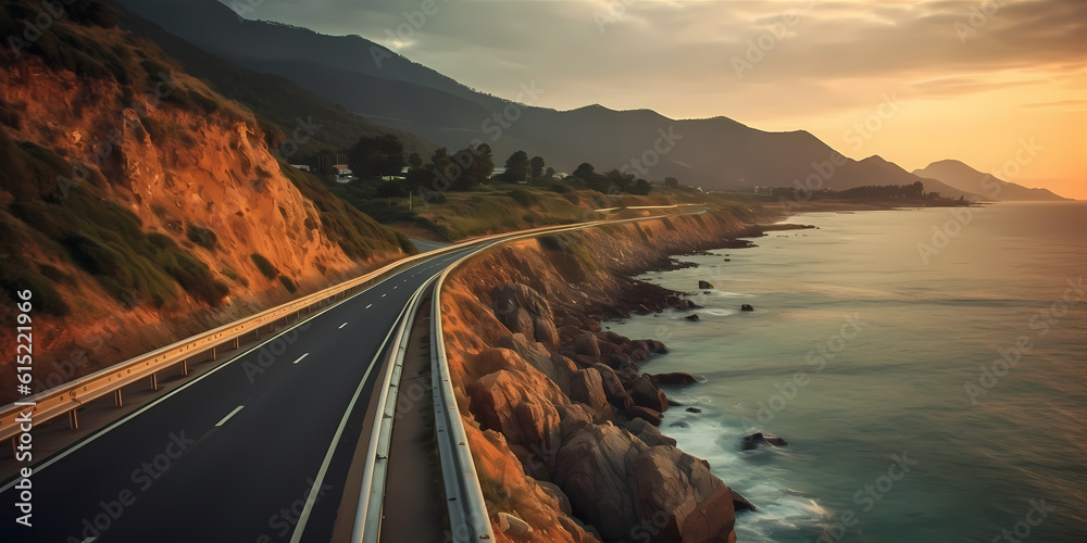 Fototapeta premium Highway landscape at colorful sunset. Road view on the sea. colorful seascape with beautiful road. highway view on ocean beach. coastal road in europe. Colorful seascape in the Mediterranean.