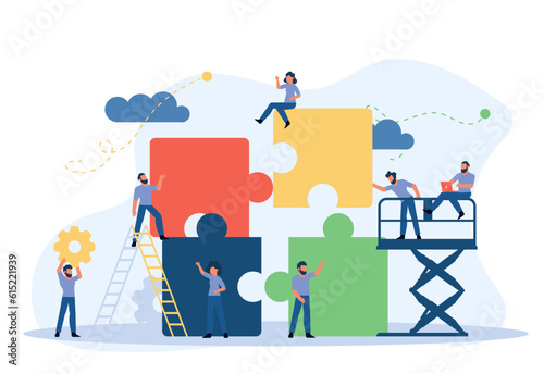Business team work building puzzle concept vector illustration. People partnership man and woman challenge marketing corporate goal. Jigsaw piece cooperation character. Office banner unity part object
