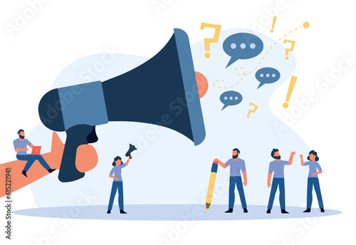 People announce advertising with megaphone vector illustration. Awareness focus loud speaker man and woman. Business banner marketing group media. Speech news promotion network leadership poster photo