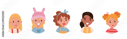 Little Girl Character Head as Avatar with Smiling Face Vector Set