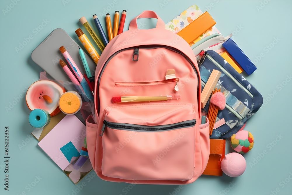 School backpack with stationery - obrazy, fototapety, plakaty 