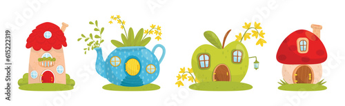 Fantasy Tiny House on Green Lawn in the Garden Vector Set