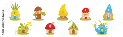 Fantasy Tiny House on Green Lawn in the Garden Vector Set