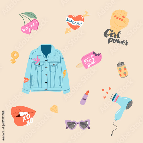 Trendy girly patches collection - jean jacket, lips, heart shaped, glasses, hair dryer, ice cream. Women rights. Super girl. Feminist movement symbols. Vector illustration