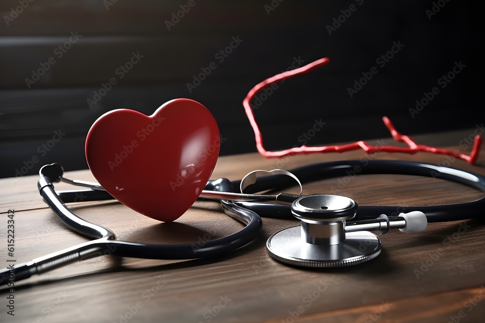 Stethoscope and red heart on wooden table Stethoscope and red heart on wooden table