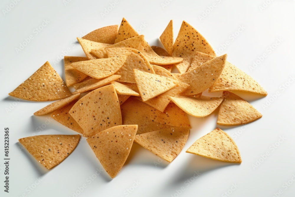 a pile of tortilla chips on a white surface, created by Generative AI a pile of tortilla chips on a white surface, created by Generative AI