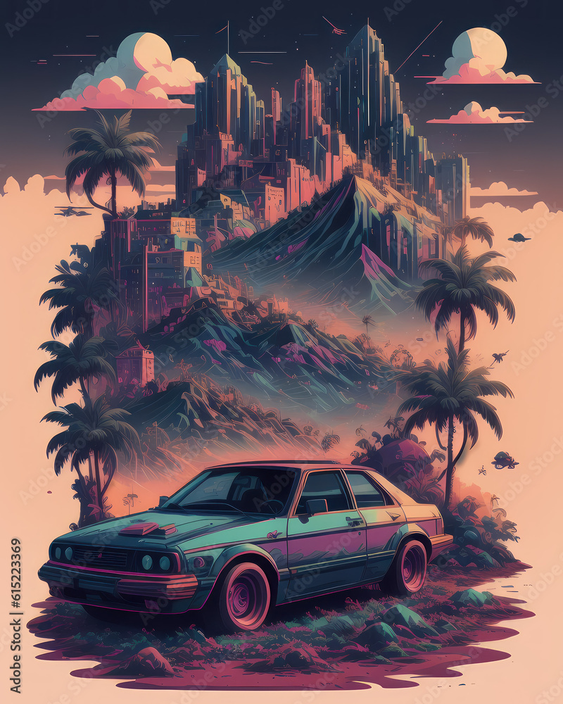 SYNTH-WAVE landscapes design for T-shirts