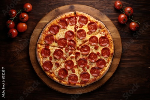 a pepperoni pizza sitting on top of a wooden cutting board, created by Generative AI