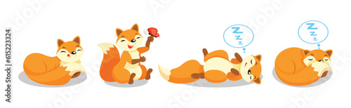 Cute Red Fox Animal with Bushy Tail in Different Pose Vector Set © Happypictures