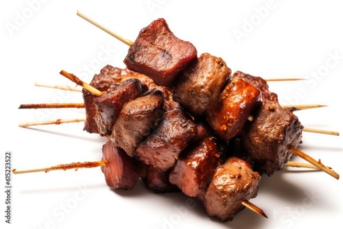 a pile of barbecue meat skewer isolated on white background, created by Generative AI