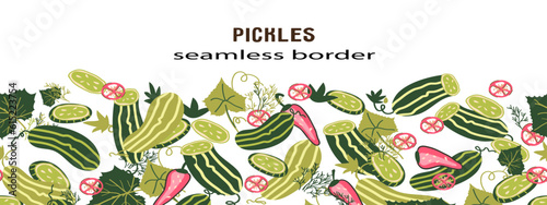 Cucumbers and pickles seamless border for textile prints and food packs or wrapping, jar labels, vector illustration isolated on white background. Cucumbers and spicy herbs, pepper seamless frame.